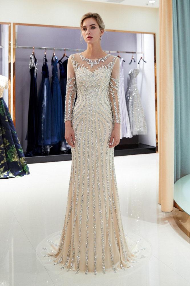 Beaded Evening Dresses Luxury Mermaid Crystal Sweep Train Long Sleeves Prom Dress N2280