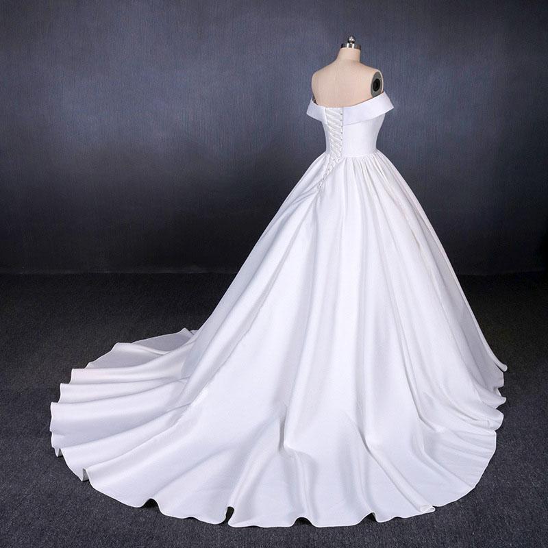 Puffy Off the Shoulder Satin Wedding Dress, Ball Gown Long Bridal Dress with Long Train N2286