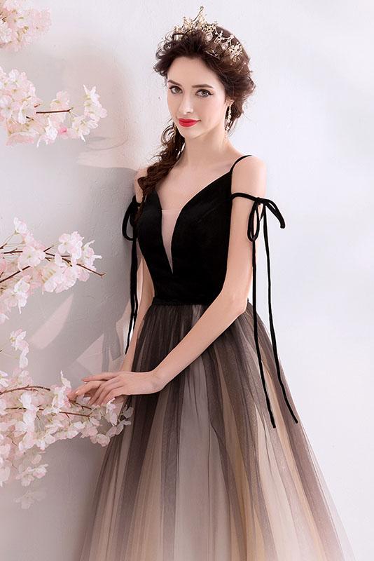 Black Deep V Neck Sleeveless Floor Length Tulle Ombre Prom Dress N2313