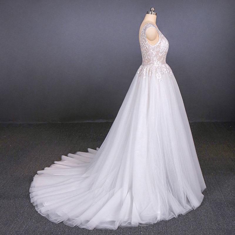 Sexy V Neck Tulle Wedding Dress with Lace Appliques, A Line Backless Bridal Dress N2287