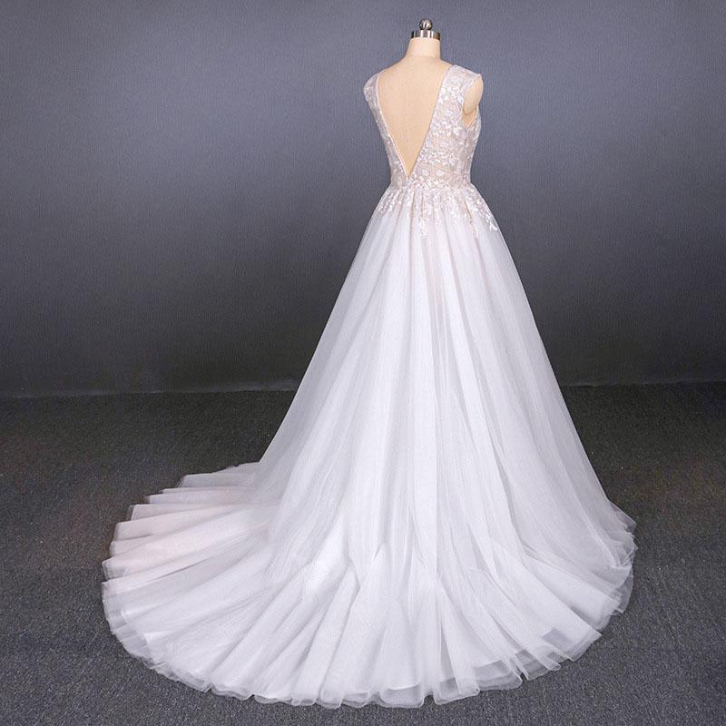 Sexy V Neck Tulle Wedding Dress with Lace Appliques, A Line Backless Bridal Dress N2287