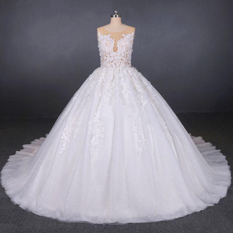 Ball Gown Sheer Neck Sleeveless White Wedding Dresses, Lace Appliqued Bridal Dress N2297