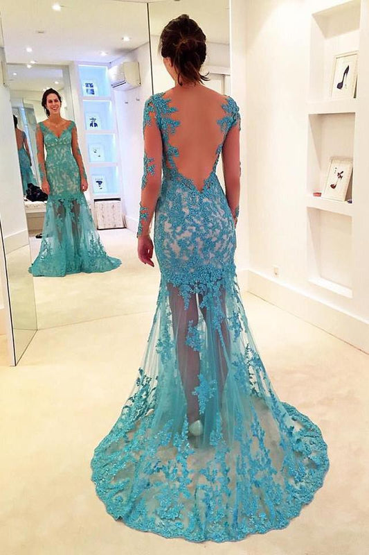 Gorgeous See-through Prom Dress,Mermaid Prom Dress,Sky Blue V-neck Prom Gown,Long Sleeves Prom Gowns,Prom Dress with Lace Appliques,Prom Dress with Tulle