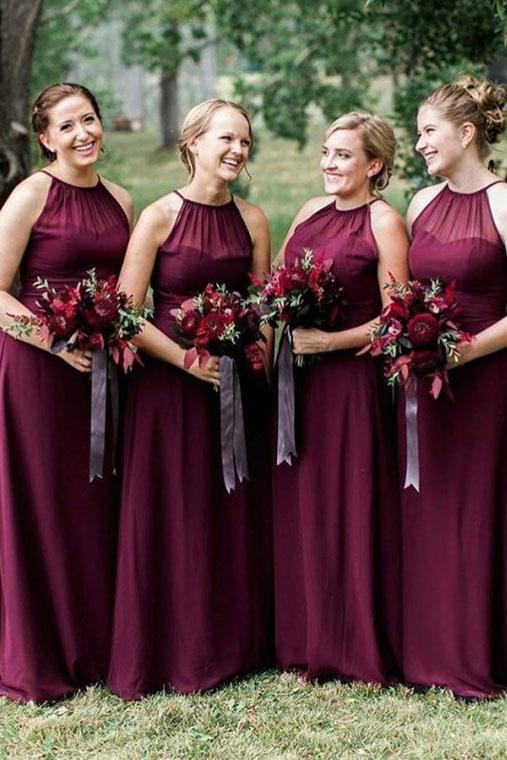 Floor Length Sleeveless Chiffon Bridesmaid Dresses, A Line Red Long Bridesmaid Dresses N2462