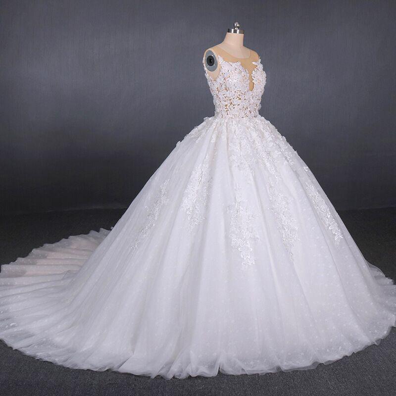 Ball Gown Sheer Neck Sleeveless White Wedding Dresses, Lace Appliqued Bridal Dress N2297