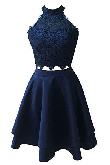 Two Piece Navy Blue High Neck Homecoming Dress with Lace, A Line Satin Graduation Dress N1853