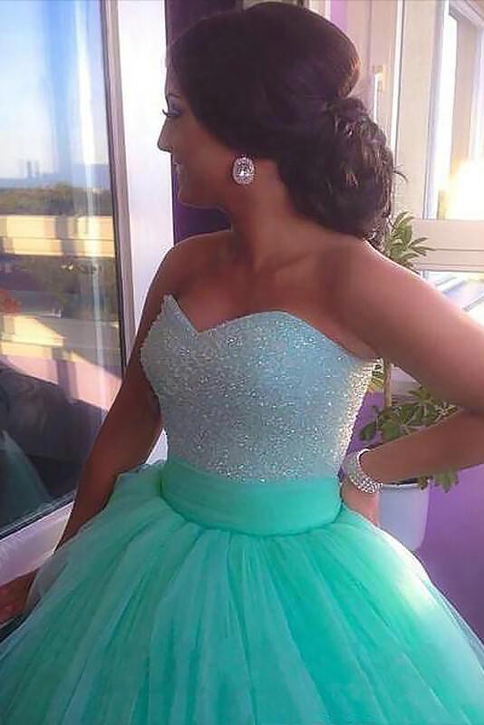 Ball Gown Sleeveless Sweetheart Tulle Brush Train Beading Plus Size Prom Dresses N2214