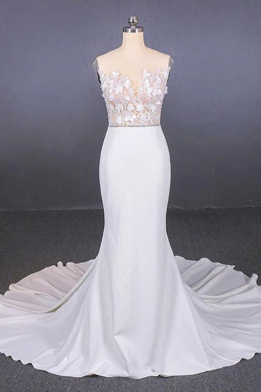 Sheer Neck Mermaid Long Wedding Dress with Appliques, Long Bridal Dresses N2304