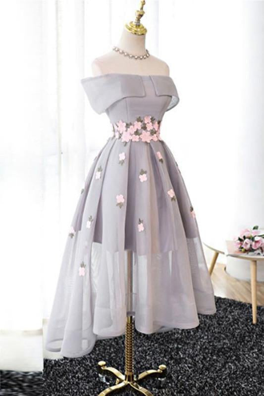 Off-the-Shoulder High Low Homecoming Gown,Tulle Homecoming Dress With Flowers,N189