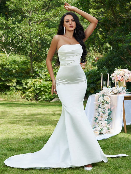 Trumpet/Mermaid Satin Ruched Strapless Sleeveless Sweep/Brush Train Wedding Dresses CICIP0006371