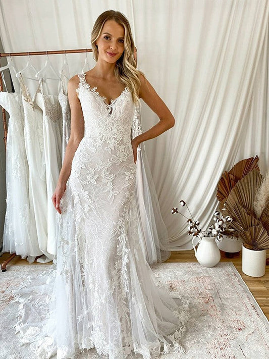 Trumpet/Mermaid Tulle Applique V-neck Sleeveless Sweep/Brush Train Wedding Dresses CICIP0006783