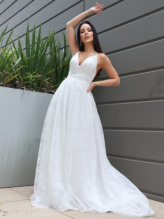 A-Line/Princess Lace Ruched V-neck Sleeveless Sweep/Brush Train Wedding Dresses CICIP0006312