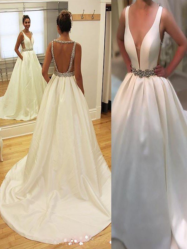 A-Line/Princess Court Train Satin V-neck Sleeveless Wedding Dresses CICIP0006163