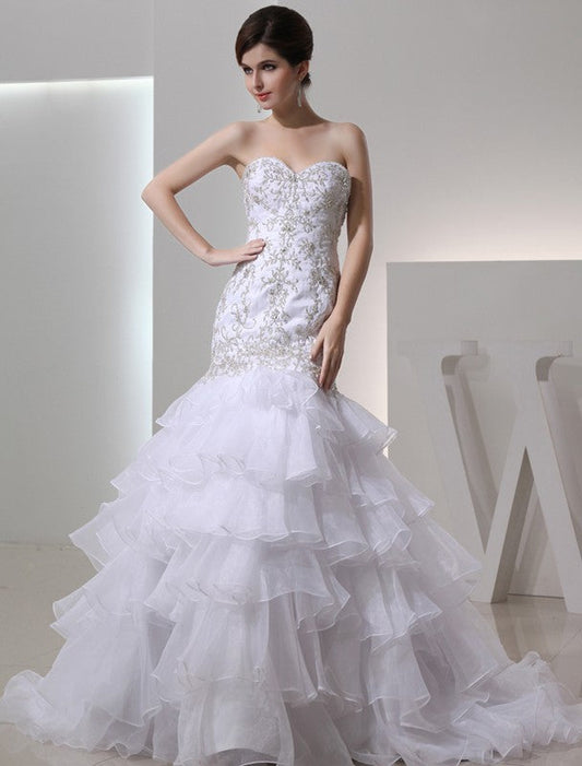 Trumpet/Mermaid Beading Sweetheart Sleeveless Organza Embroidery Wedding Dresses CICIP0006929