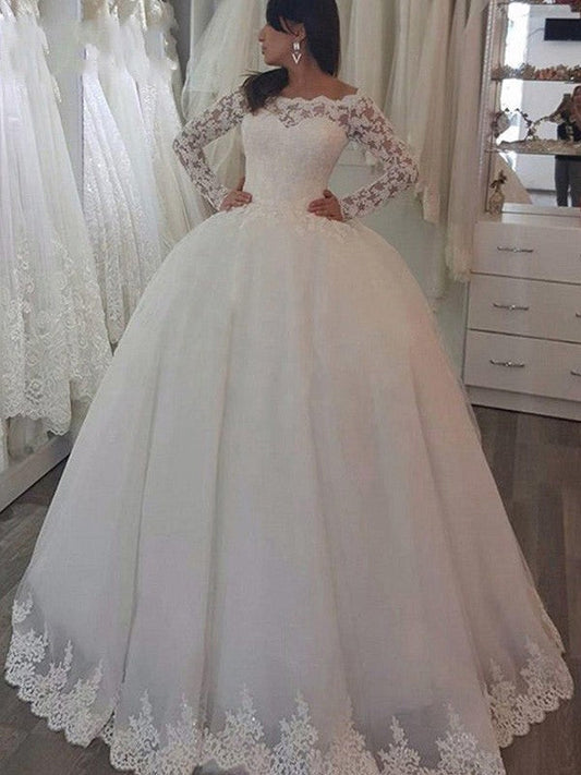 Ball Gown Long Sleeves Off-the-Shoulder Sweep/Brush Train Applique Lace Wedding Dresses CICIP0006425