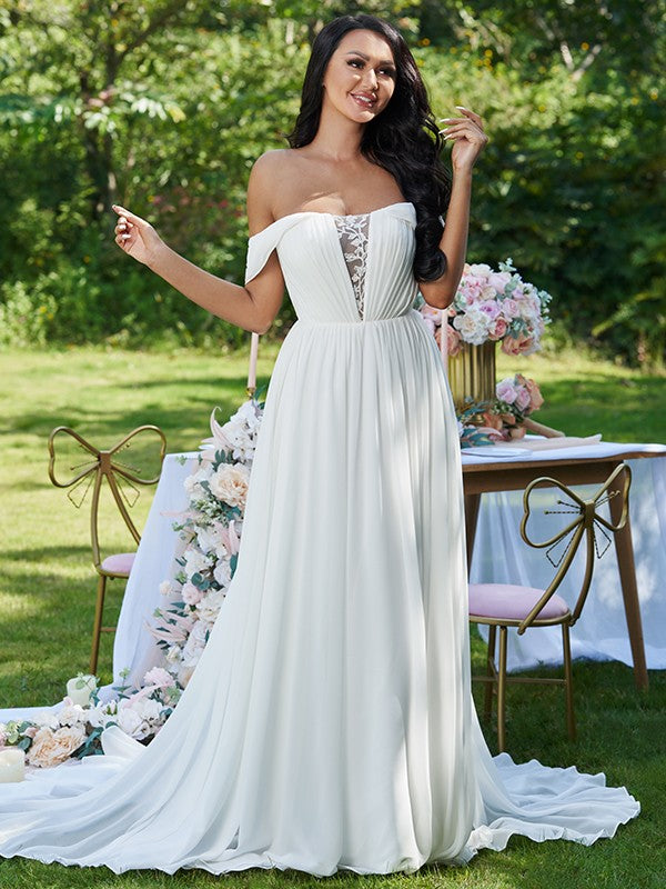 A-Line/Princess Chiffon Ruffles Off-the-Shoulder Sleeveless Sweep/Brush Train Wedding Dresses CICIP0006516