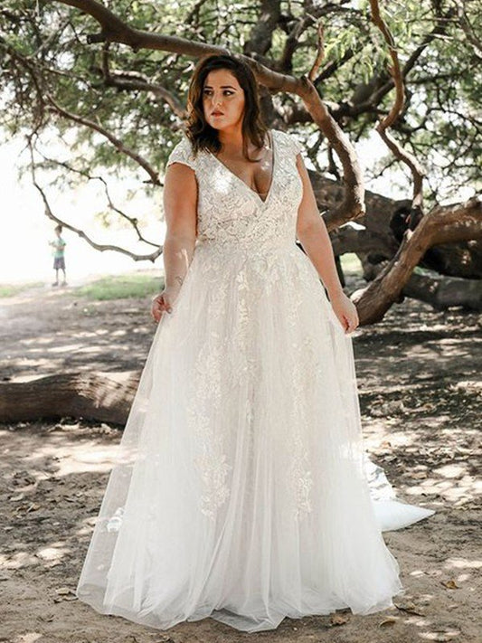 A-Line/Princess Tulle Applique Sweep/Brush Train V-neck Short Sleeves Plus Size Wedding Dresses CICIP0006804