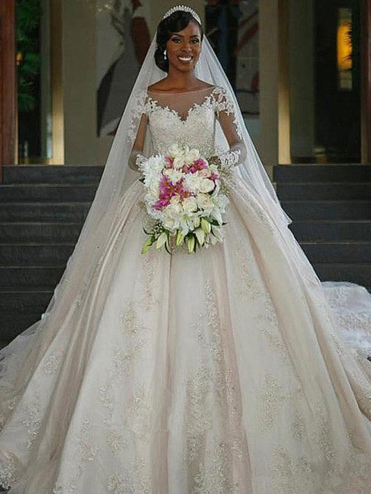 Ball Gown Bateau Long Sleeves Sweep/Brush Train Applique Satin Wedding Dresses CICIP0006453