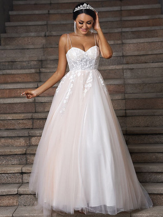 A-Line/Princess Tulle Applique Sweetheart Sleeveless Sweep/Brush Train Wedding Dresses CICIP0006507