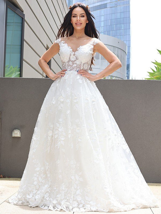 A-Line/Princess Tulle Applique V-neck Sleeveless Floor-Length Wedding Dresses CICIP0006313