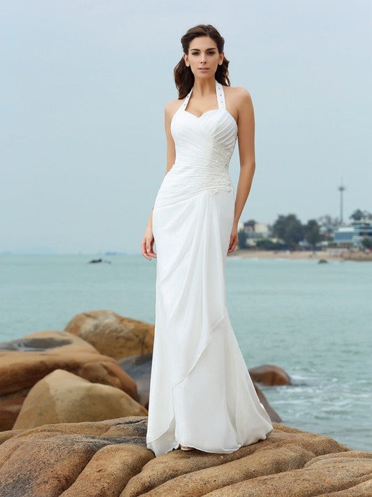 Sheath/Column Halter Pleats Sleeveless Long Chiffon Beach Wedding Dresses CICIP0006542