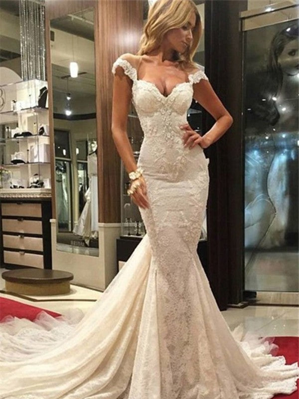 Trumpet/Mermaid Sleeveless Chapel Train V-neck Lace Wedding Dresses CICIP0006086