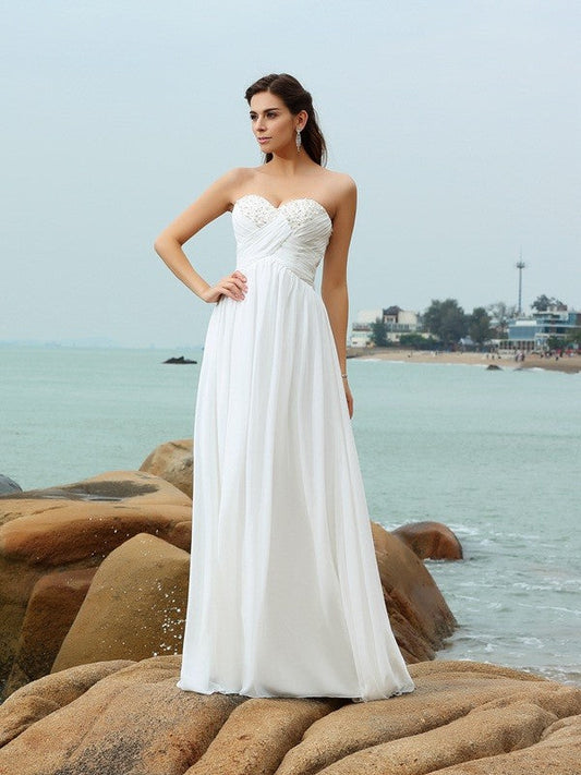 A-Line/Princess Sweetheart Beading Sleeveless Long Chiffon Beach Wedding Dresses CICIP0006539