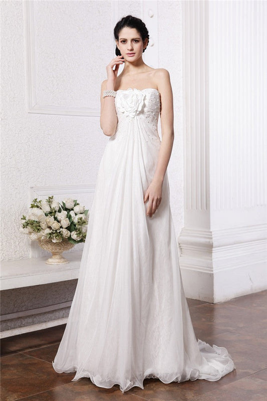 A-Line/Princess Strapless Sleeveless Beading Hand-Made Flower Long Chiffon Wedding Dresses CICIP0006897