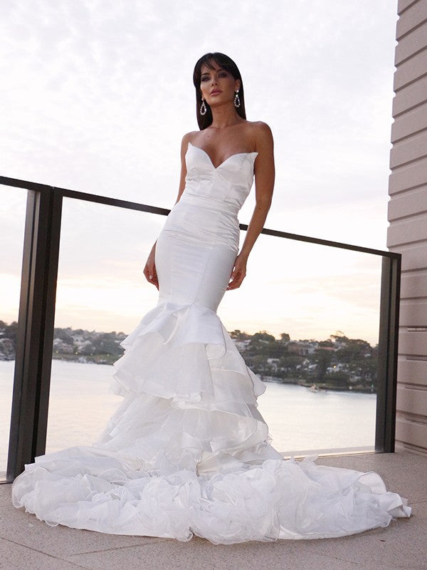 Trumpet/Mermaid Satin Sweetheart Sleeveless Layers Sweep/Brush Train Wedding Dresses CICIP0006372