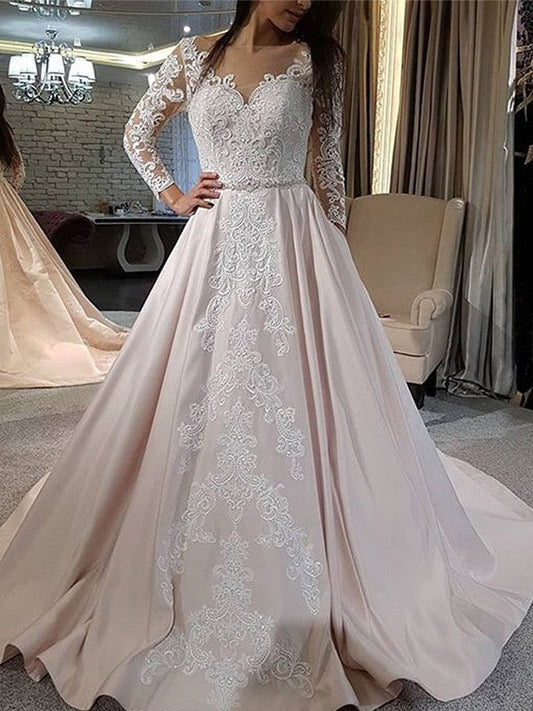 A-Line/Princess Satin Applique V-neck Long Sleeves Sweep/Brush Train Wedding Dresses CICIP0006826