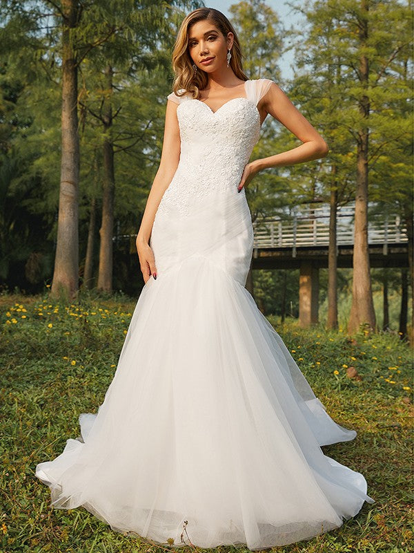 Trumpet/Mermaid Tulle Applique Sweetheart Sleeveless Sweep/Brush Train Wedding Dresses CICIP0006506