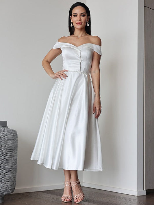 A-Line/Princess Satin Ruffles Off-the-Shoulder Sleeveless Tea-Length Wedding Dresses CICIP0007025