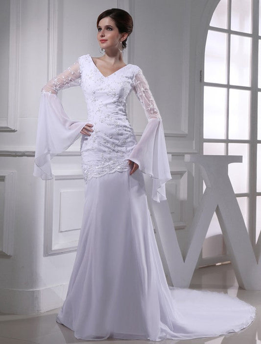 Trumpet/Mermaid Beading V-neck Chiffon Long Wedding Dresses CICIP0006790