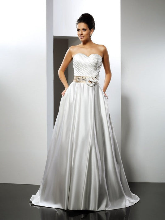 A-Line/Princess Sweetheart Hand-Made Flower Sleeveless Long Satin Wedding Dresses CICIP0006608