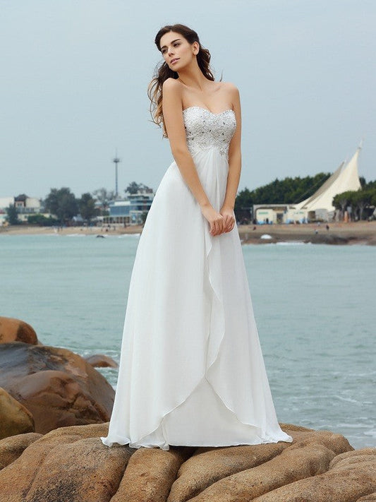 A-Line/Princess Sweetheart Beading Sleeveless Long Chiffon Beach Wedding Dresses CICIP0006254