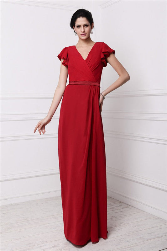 Sheath/Column V-neck Short Sleeves Pleats Long Chiffon Bridesmaid Dresses CICIP0005438