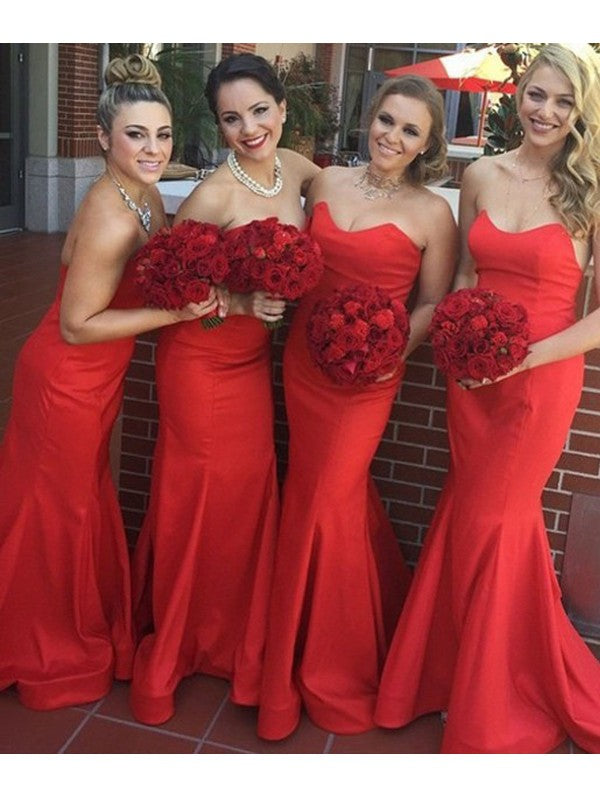 Trumpet/Mermaid Sweetheart Sleeveless Sweep/Brush Train Satin Bridesmaid Dresses CICIP0005394