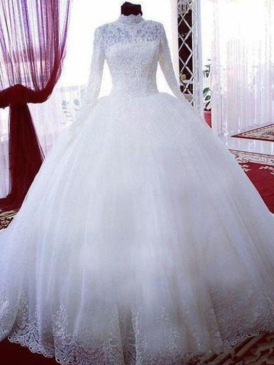 Ball Gown Lace Tulle High Neck Long Sleeves Chapel Train Wedding Dresses CICIP0006420