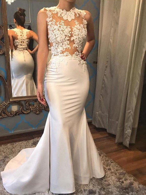 Trumpet/Mermaid Sleeveless Scoop Court Train Applique Satin Wedding Dresses CICIP0005962