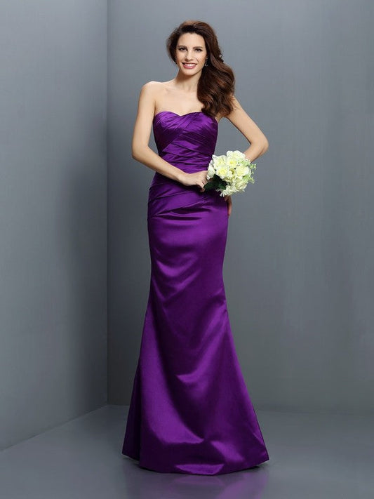 Trumpet/Mermaid Strapless Pleats Sleeveless Long Satin Bridesmaid Dresses CICIP0005027