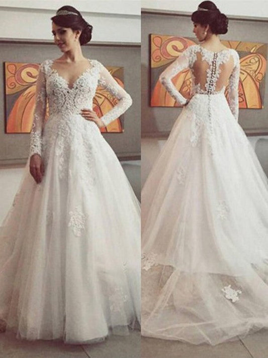 Ball Gown V-neck Long Sleeves Lace Court Train Tulle Wedding Dresses CICIP0006187