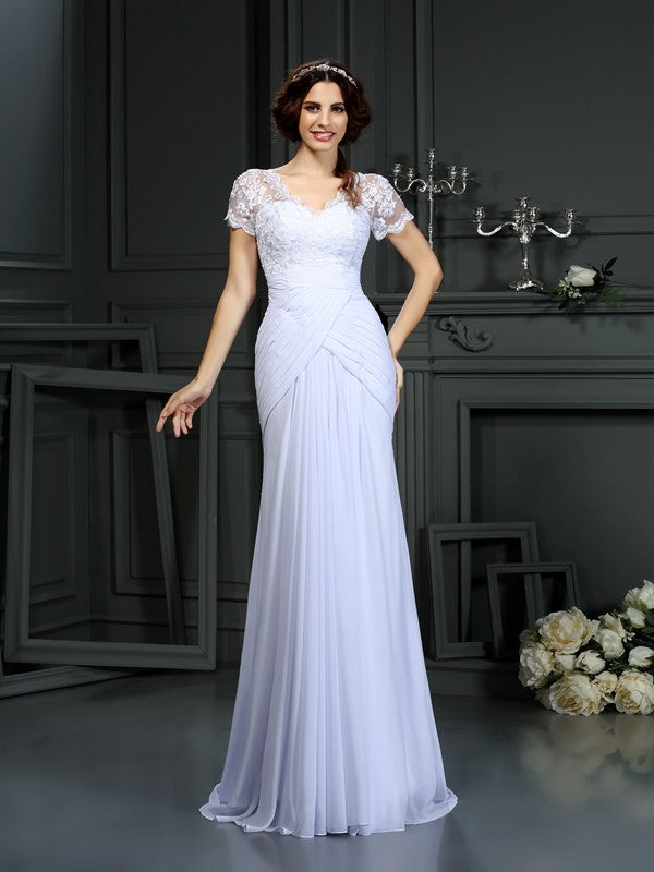 Sheath/Column V-neck Lace Short Sleeves Long Chiffon Wedding Dresses CICIP0006494