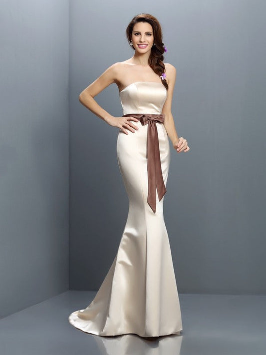 Trumpet/Mermaid Strapless Sash/Ribbon/Belt Sleeveless Long Satin Bridesmaid Dresses CICIP0005414