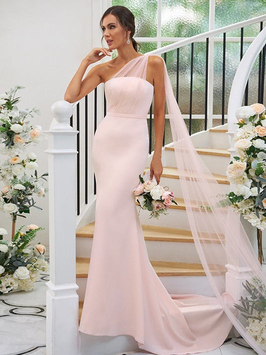 Sheath/Column Stretch Crepe Ruched One-Shoulder Sleeveless Sweep/Brush Train Bridesmaid Dresses CICIP0004913