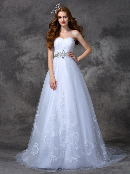 A-line/Princess Sweetheart Beading Sleeveless Long Satin Wedding Dresses CICIP0006857