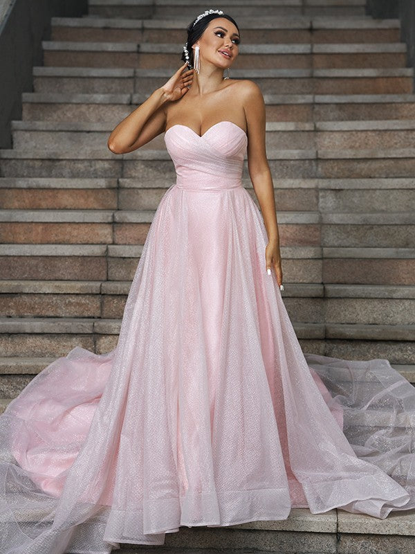 A-Line/Princess Satin Ruffles Sweetheart Sleeveless Sweep/Brush Train Wedding Dresses CICIP0006505