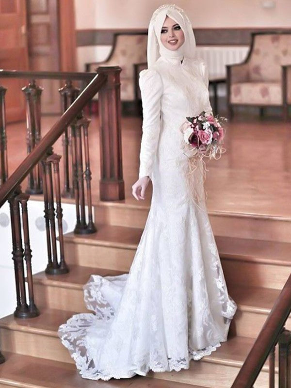 Trumpet/Mermaid High Neck Long Sleeves Sweep/Brush Train Lace Tulle Wedding Dresses CICIP0006670