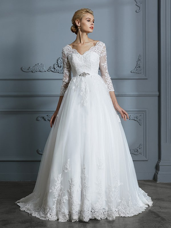 Ball Gown V-neck 3/4 Sleeves Court Train Lace Tulle Wedding Dresses CICIP0006428