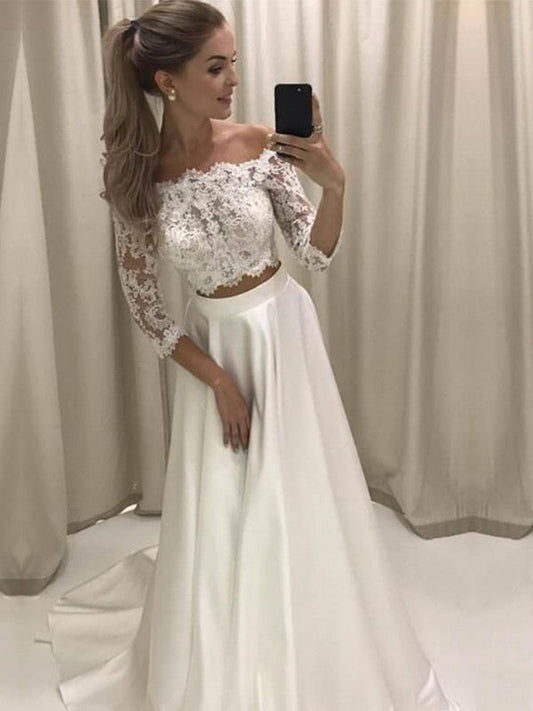 A-Line/Princess Off-the-Shoulder 3/4 Sleeves Sweep/Brush Train Lace Satin Wedding Dresses CICIP0006730