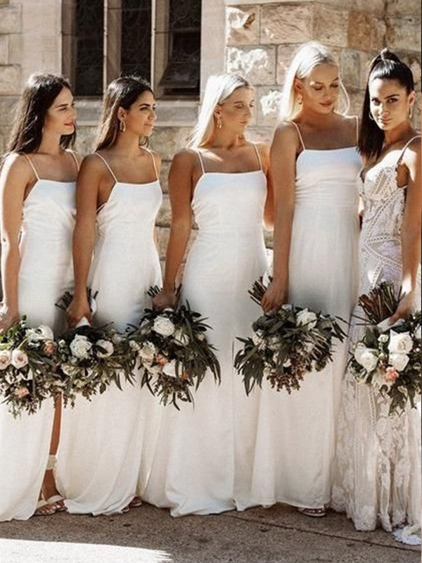 Sheath/Column Silk like Satin Spaghetti Straps Sleeveless Ruched Floor-Length Bridesmaid Dresses CICIP0005745